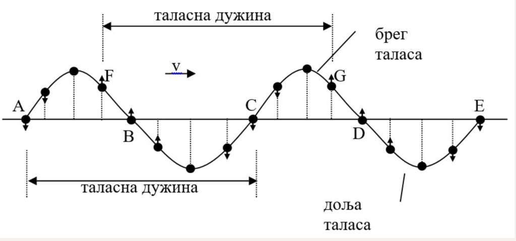 Талас представњен графички као синусоида. обележени брегови, доља и таласна дужина.